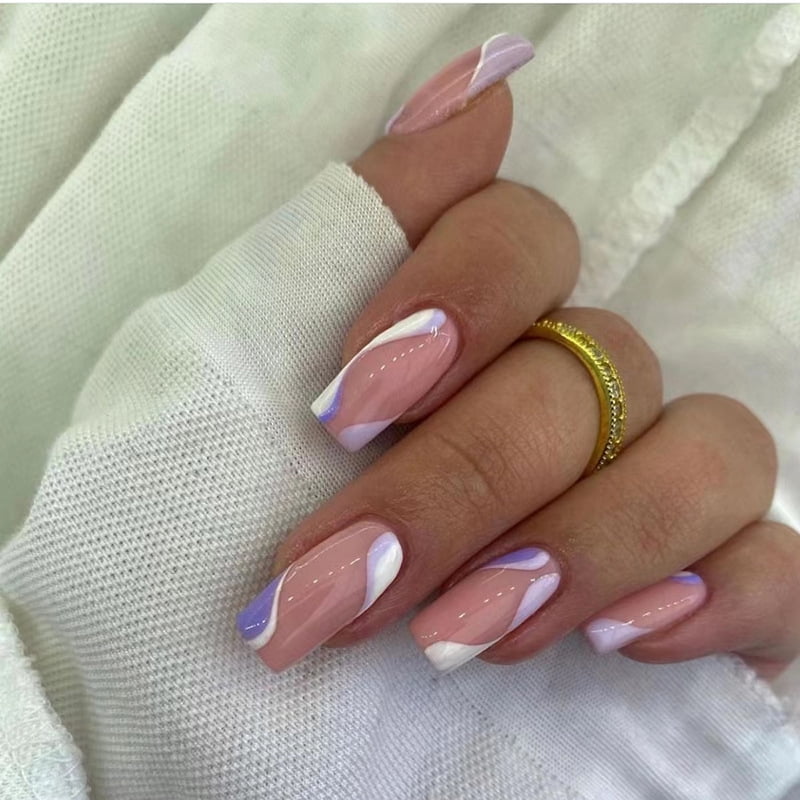 24Pcs Short square fake nails with blue-purple ripple lines and minimalist press on nails