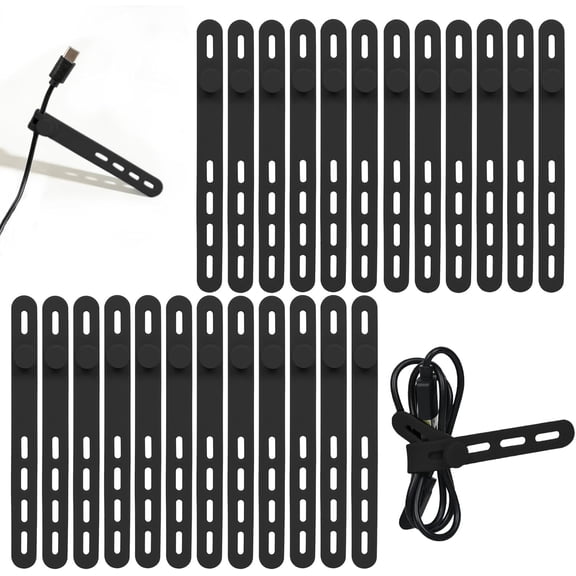 24Pcs Silicone Cable Ties - Reusable & Washable with Locking Buckles, Adjustable Fastening Cable Management Straps, Multi-Purpose High Elasticity Cord Organizer (Black)