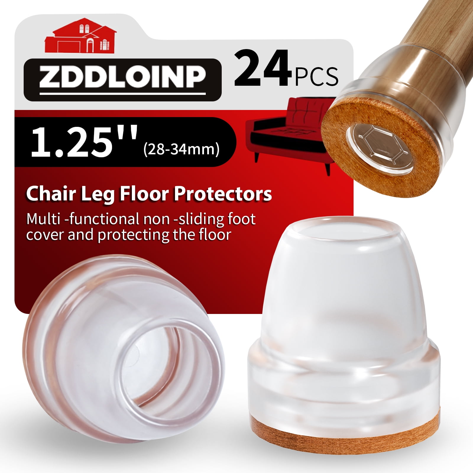 24Pcs Silicone Chair Leg Floor Protectors,Furniture Leg Caps Cups with Felt Pads for Protecting Hardwood Floors from Scratches(1'' Clear)