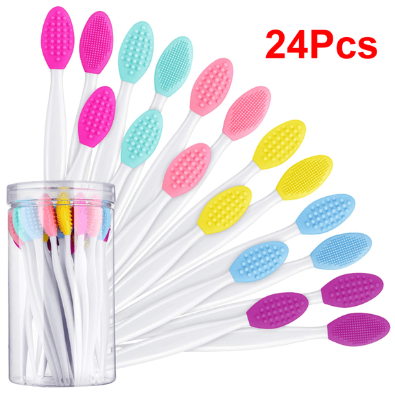 24Pcs Silicone Exfoliating Lip Scrub Brush with Container Double Sided Silicone Lip Scrubber Soft Cleaning Brush for Men Women Lightening for Dark Lip