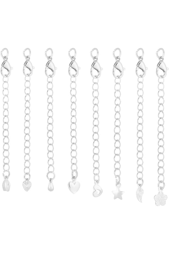 24Pcs Silver Necklace Extenders 8 Style Silver Extender Chains Brass Chain Extender Jewelry End Extender Chains with Lobster Claw Clasps for Necklace Bracelet Jewelry Making and Repairing Silver