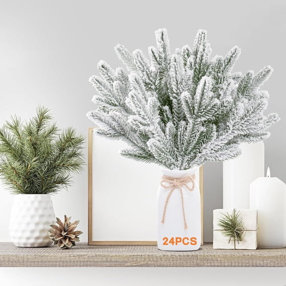 24Pcs Snow Frosted Pine Branches, 10inch Artificial Flocked Picks for Christmas Tree Filler, Snowy Stems Winter Spray Tree Sprigs for Xmas Tree Garlands Decor