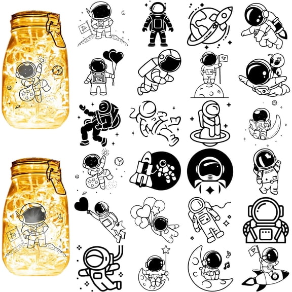 24Pcs Space Astronaut Silhouettes Mason Jar Decor Laser Cut Cardboard Scrapbook Cutouts Die Cuts PVC for Crafting Lantern Jars Wall Painting Window Glass Phones 3.9x3.5Inch-No Sticker colorful