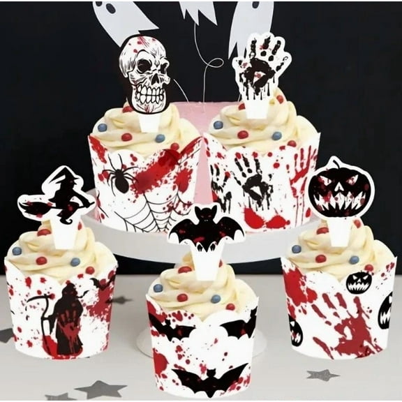 24Pcs Spooky Cupcake Toppers & Bottoms Halloween Cake Decorating Set