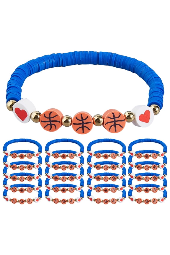 24Pcs Sports Charm Bracelets Basketball Beaded Bracelets Clay Beaded Bracelet Sports Team Party Gifts 6-7/8 Inch(17.5cm)