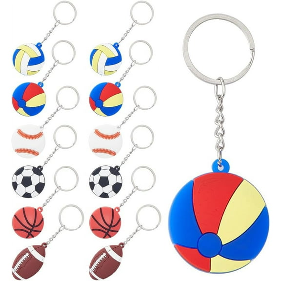 24Pcs Sports Keychain 6 Style Plastic Charm Keyring Football Volleyball Basketball Rugby Tennis Pendant Keychain with Platinum Plated Iron Split Key Rings for DIY Bag Athlete Fans 3.9 x 1.5Inch