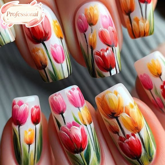 24Pcs Spring Floral Press On Nails Medium Coffin, Glossy Full Cover Fake Nails, Reusable Acrylic Stick On False Nail Tips Salon DIY Manicure Nail Art Gift for Women Daily Party Casual Wear