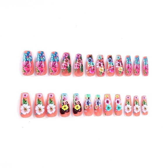 24Pcs Spring Summer Fresh Flower Long Trapezoid Press On Nails
