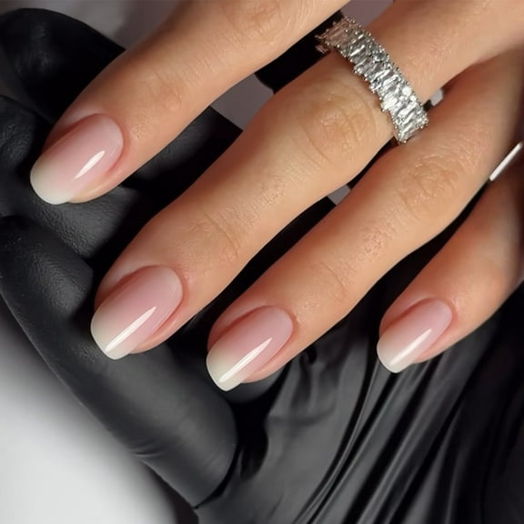 24Pcs Square False Nail Short Pink Gradient French Tip Press on Nail Glossy Stick on Nail Artificial Nail for Women