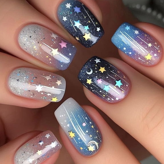 24Pcs Square False Nails Space Theme Star Designs Acrylic Nails For Commuting Celebrations And Special Event