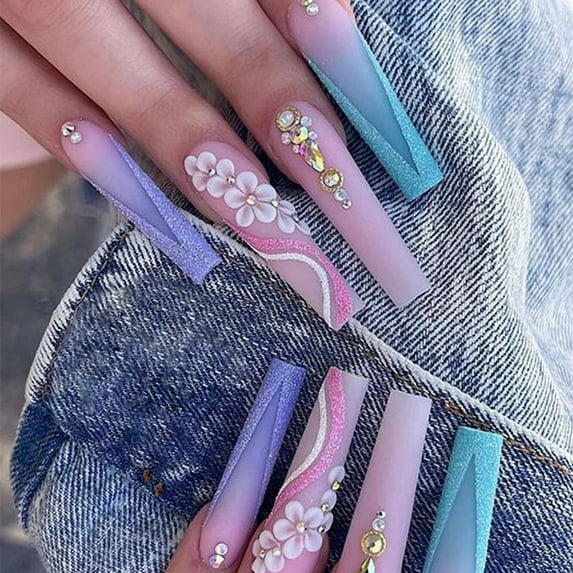 24Pcs Square False Nails with Glue Wearable Red Long Coffin Fake Nails Rhinestone Design Ballet Full Cover Press on Nails Tips