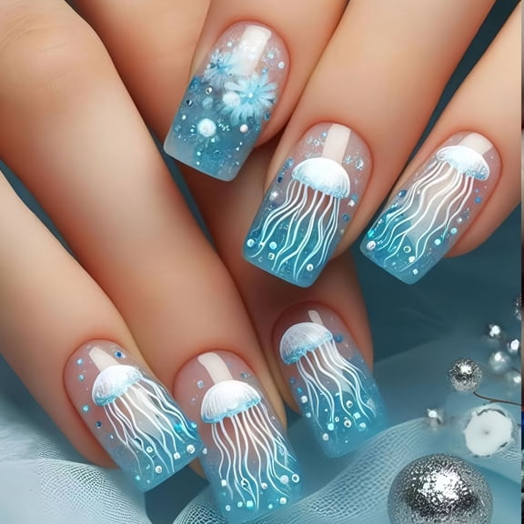 24Pcs Square Shapeds Blue Jellyfish Artwork Mediums Length Ergonomic Fake Nails For Professional Night Out