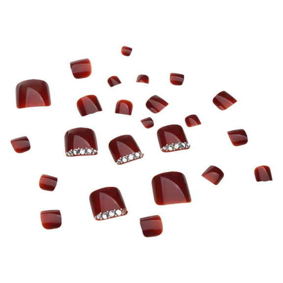24Pcs Square Short Fake Toenails Wine Red Crystal Bling Glossy Wedding False Toenails Full Cover Bridal Foot Nails