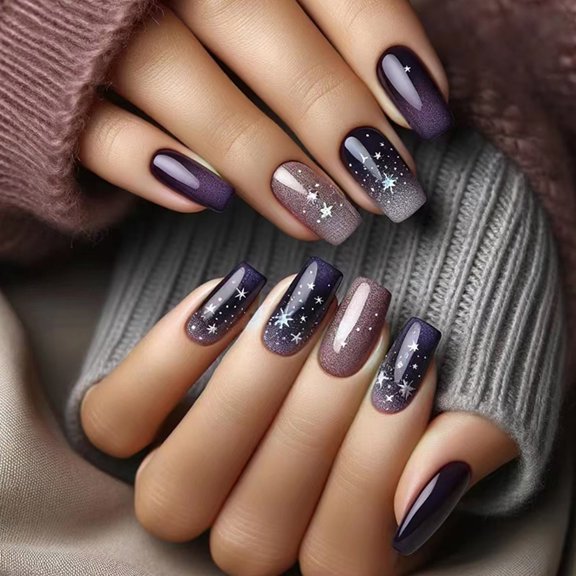 24Pcs Square Winter on Nails Blue Starlit Designs Full Covers False Nails Set for Women and Girls