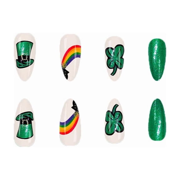 24Pcs St Patricks Day Sparkly Press On Nails Rainbow Clover Glitter
