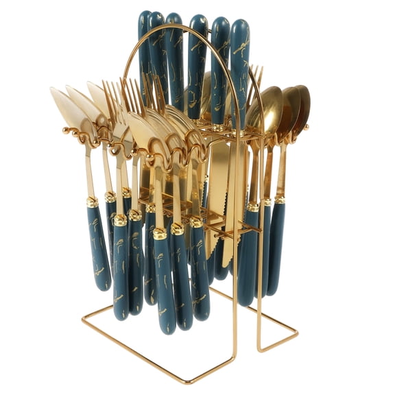 24Pcs Stainless Steel Cutlery Set with Marble Pattern Handles, Tableware Sets with Hanging Holder Flatware 6 Utensils Forks Knives Spoon Set with Organizer-actual_color-
