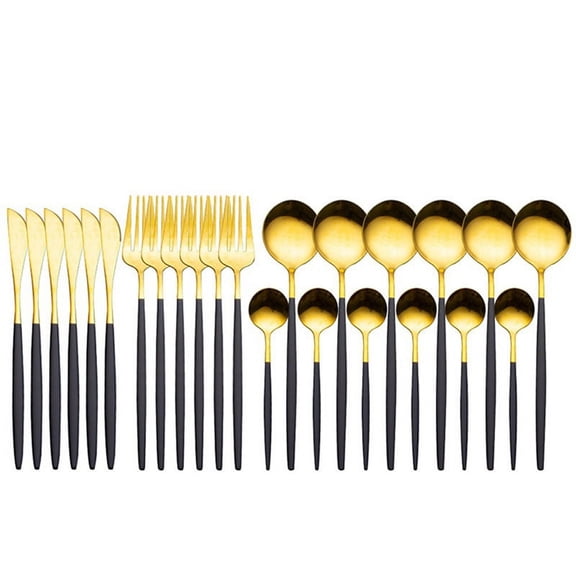 24Pcs Stainless Steel Dinnerware Set Cutlery Spoon Fork Knife Western Cutleri Silverware Flatware,Black-Gold