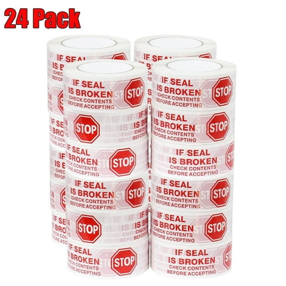 24Pcs Stop Sign Sealing Tape Pre-Printed IF Seal is Broken,Check Contents Before Accepting,Heavy Duty Packing Tape-3 Inch x 110 Yards
