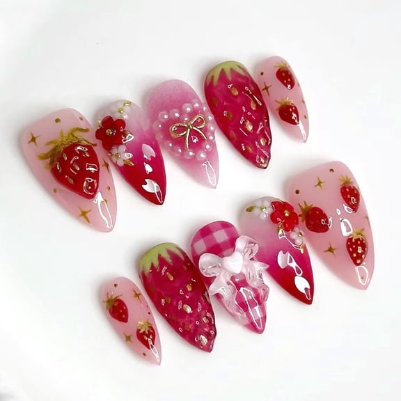 24Pcs Strawberry Flower Press on Nails Medium Almond Fake Nails Cute Floral Strawberry False Nails 3D Heart Pearls Bow Charms Designs Pink Gradient Glossy Stick on Nails Acrylic Nail for Women