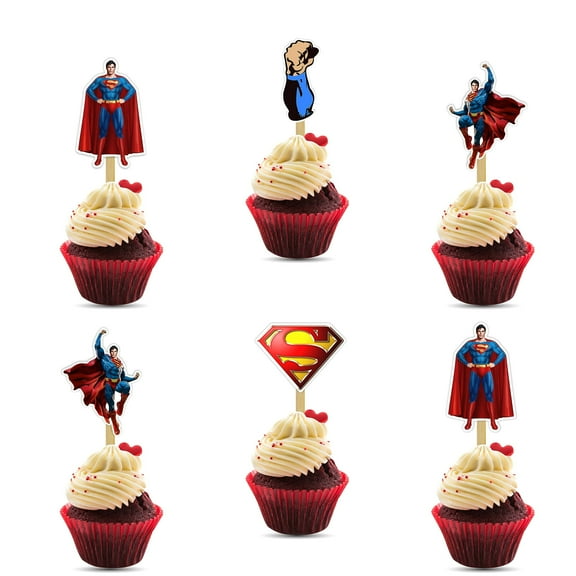 24Pcs Superman Cupcake Toppers – Strong Picks Happy Birthday Décor, Cupcake Decorations for Kids Birthdays