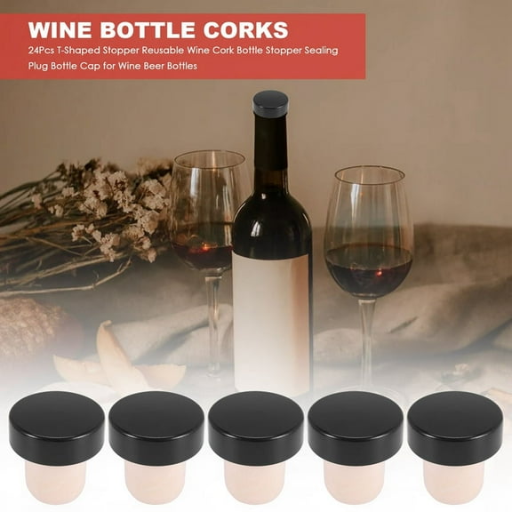 24Pcs T-Shaped Stopper Reusable Wine Cork Bottle Sealing Plug Cap for Beer Bottles (Black)
