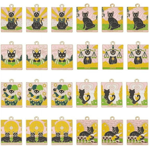 24Pcs Tarot Card Charm 28mm Alloy Cat Tarot Card Charms Black Kitten Tarot Card Pendants Sun Moon Cat Charms Rectangle Tarot Card Pendants for DIY Jewelry Making Hole: 2mm