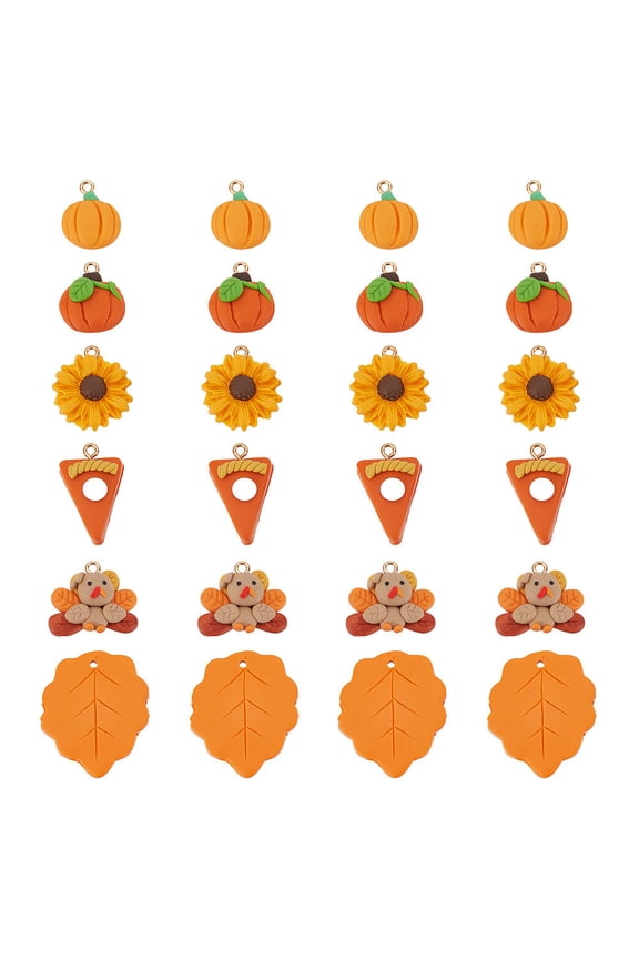 24Pcs Thanksgiving Day Handmade Polymer Clay Pendants with Light Gold Iron Loop Bird Pumpkin Leaf Sunflower Chocolate Mixed Color 17.5~32x16~29x3~9mm