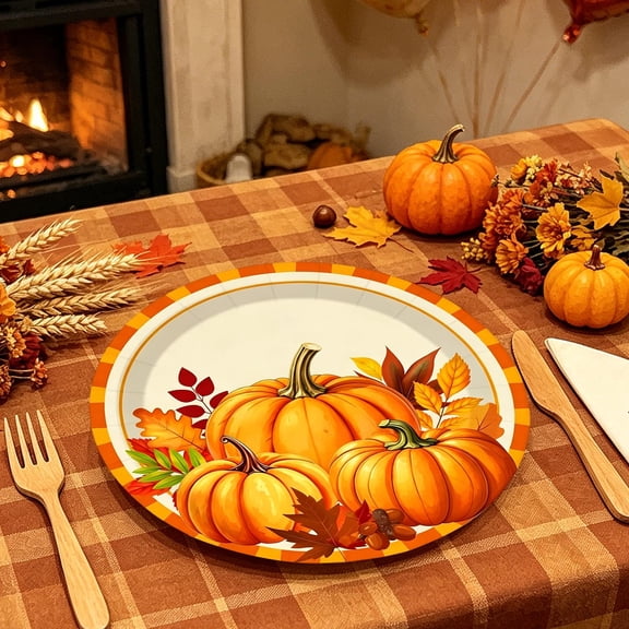 24Pcs Thanksgiving Paper Plates 7 Inch, Fall Harvest Dessert Plates with Pumpkin & Maple Leaf Design, Disposable Snack Plates for Autumn Party Decorations