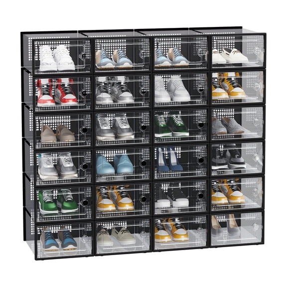 24Pcs Thick Clear Plastic Shoe Boxes with Lids, Flip-Top Sneaker Storage Organizers, Space-Saving for Entryway Closet Dorms