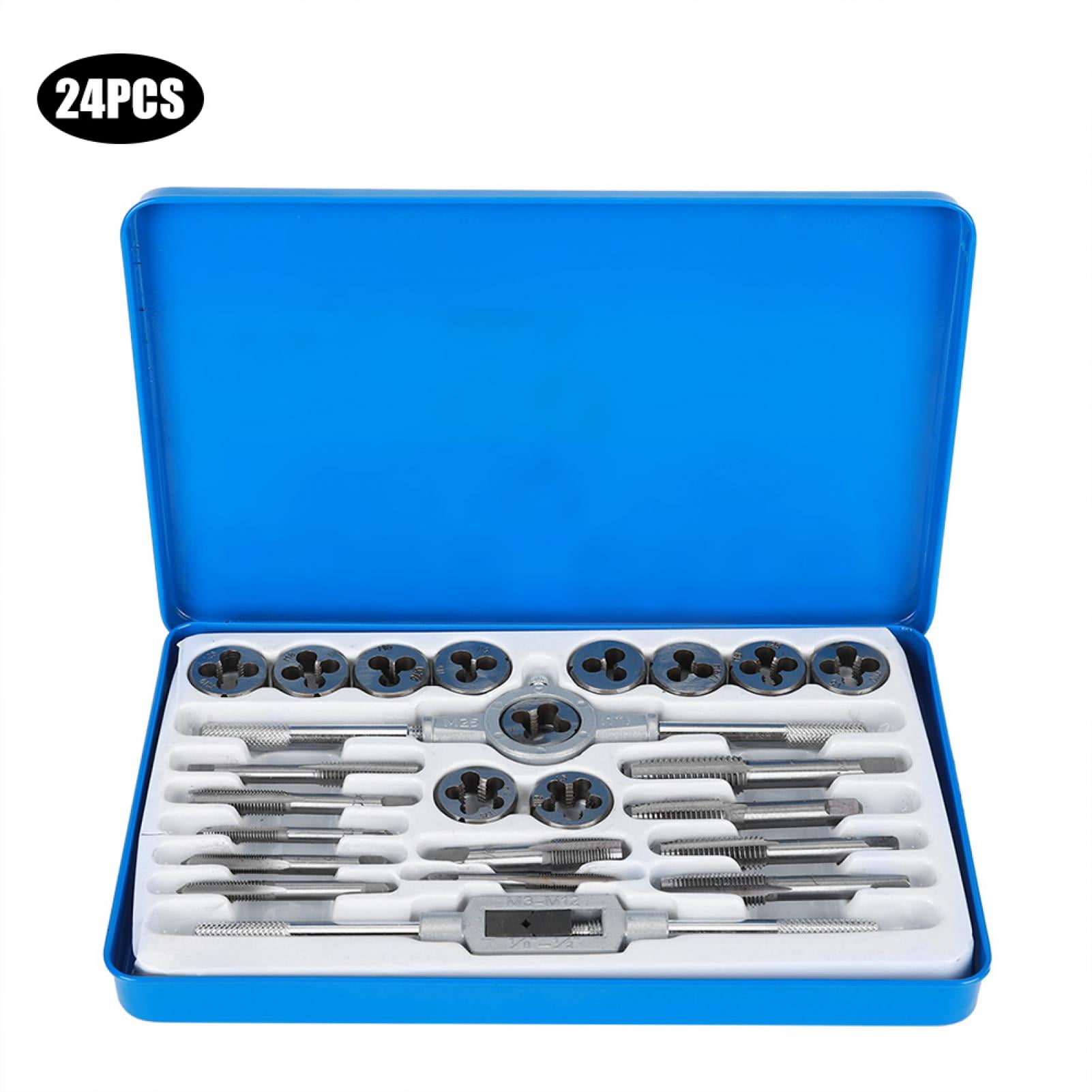 24Pcs Threaded Tap and Die Set Hand Operated Industrial Tool Iron Box