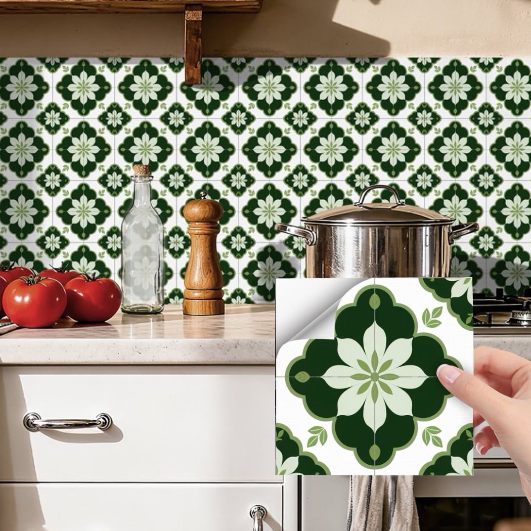 24Pcs Tile Sticker Peel and Stick Backsplash Matte PVC 7.87" x 7.87" DIY Decor Green Flowers Wall Stickers Waterproof Self Adhesive Decals