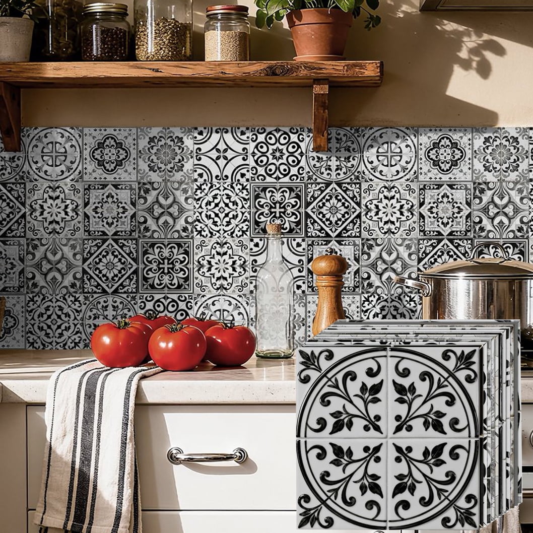 24Pcs Tile Sticker Waterproof Peel and Stick Backsplash 7.87" x 7.87" Gray Black Flowers Pattern Wall Stickers Self Adhesive Decals DIY Decor