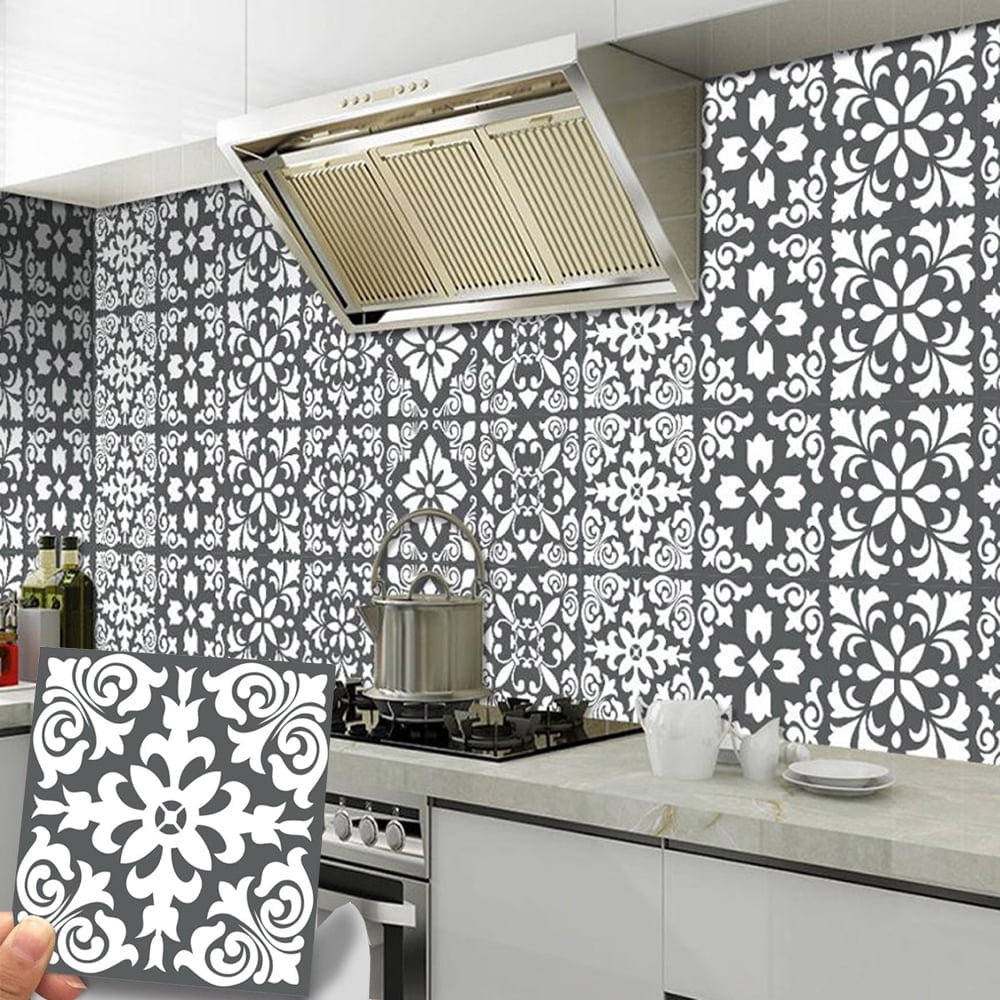 24Pcs Tile Wall Sticker Waterproof Removable Peel and Stick Backsplash for Kitchen Renovation 7.87"x7.87"  Gray & White Tiles