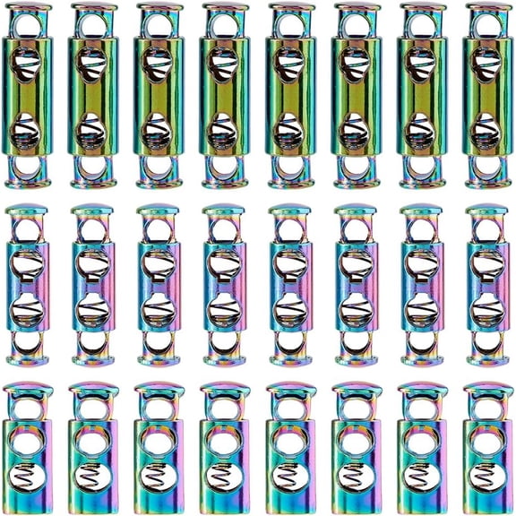 24Pcs Toggle Spring Stop Fastener 3 Styles Double Hole Metal Spring Cord Locks Rainbow Round Toggle Ends
