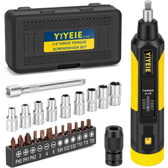 24Pcs Torque Screwdriver, 10-80 In-lbs, Inch Pound Torque Wrench Screwdriver Set for Maintenance, with S2 Steel Bits, Sockets & Case -1/4" Drive Fat Wrench Screwdriver for Bike Repairing, Mounting