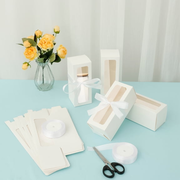 24Pcs Tumbler Packaging Box Paper Reusable Mug Exhibition Wrapping Box with Ribbon and Clear Window White/Pink for 12/16/20 OZ Tumbler