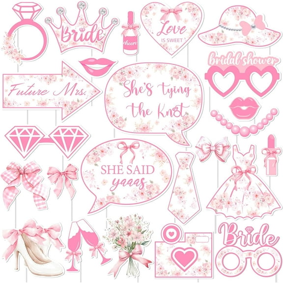 24Pcs She's Tying The Knot Photo Booth Props Pink Bow Bridal Shower Photo Booth Props Bachelorette Party Decorations for Women Wedding Bridal Shower Hen Party Favors Supplies