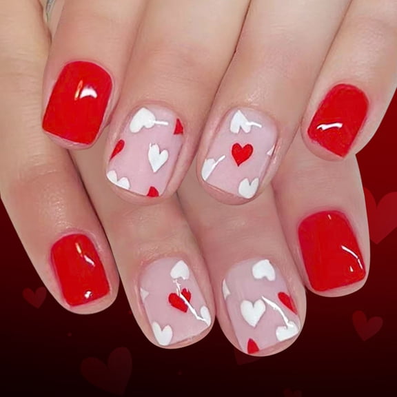 24Pcs Valentine Glossy Short Square Fake Nails With Red White Hearts Design