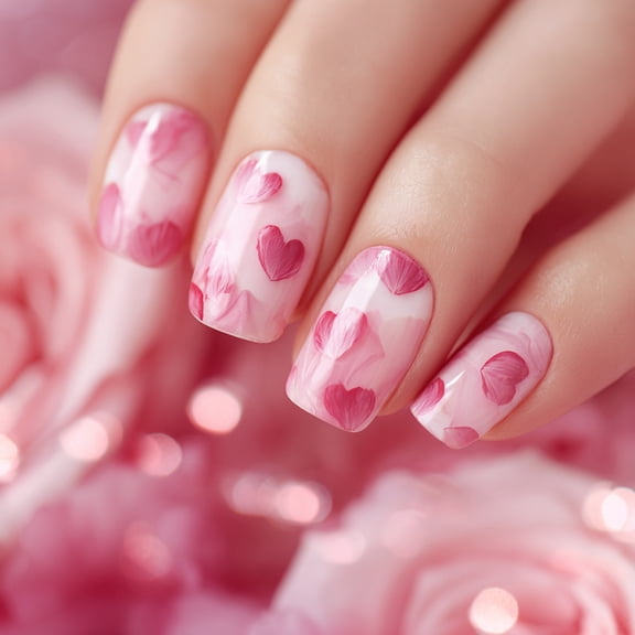 24Pcs Valentine Themed False Nails with Bubble Heart Design Short Square ABS for Daily Use