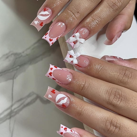 24Pcs Valentines Day Fake Nails Medium Square Press on Nails Mixed Heart Lip Bow Printed Acrylic Nails Press ons Full Cover Valentine Pattern Design Glue on Nails French Tip Stick on Nails for Women