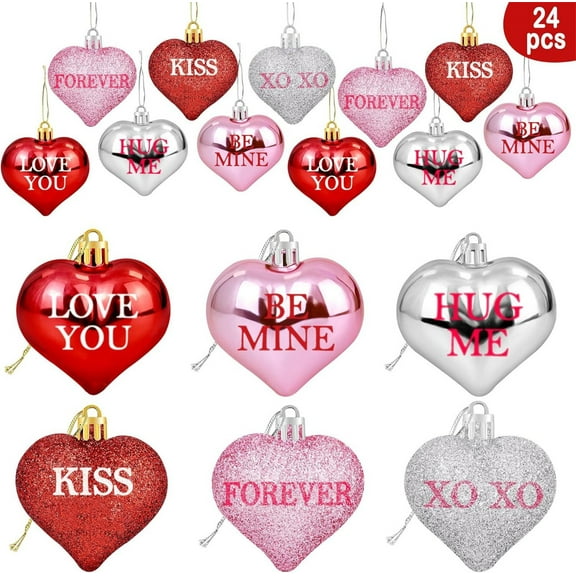 24Pcs Valentine's Day Glitter Heart Shaped Ornaments - Red Pink Silver Hanging Baubles for Home Tree - Valentines Conversation Heart Decorations Christmas Tree Hanging Ornaments (Wooden Flat)