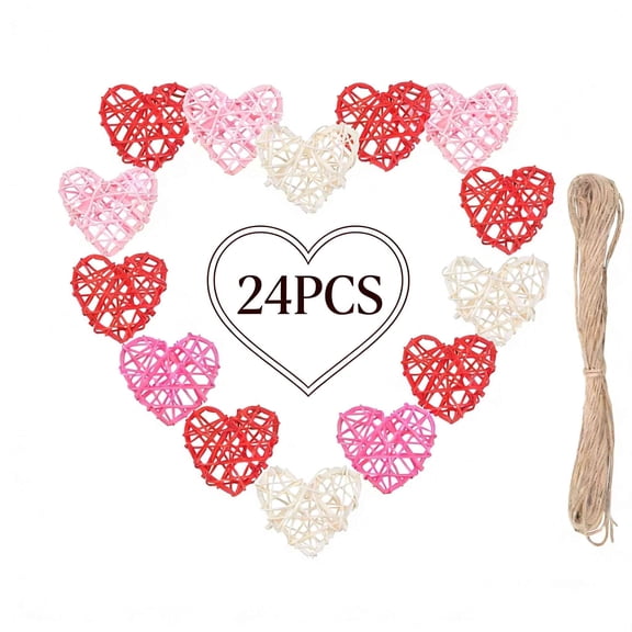 24Pcs Valentine's Day Heart Ornaments, 2.36" Rattan Wicker Heart Ornaments Farmhouse Valentines Vase Bowl Fillers Valentines Decorations for Home Tree Table Craft(Pink Red White)