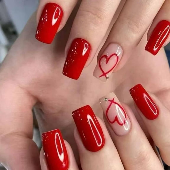 24Pcs Valentine's Day Press on Nails Long Square Fake Nails with Red Glitter Heart Designs White French Tips Acrylic Nails False Nails Full Cover Glossy Stick on Nails for Women Date Wear Multicolor