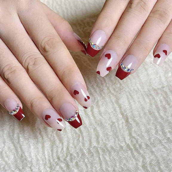 24Pcs Valentine's Day Press on Nails Short Medium Square Fake Nails with White Heart Designs Red Glitter French Tips Acrylic Nails False Nails Pink Nude Full Cover Stick on Nails for Women Multicolor