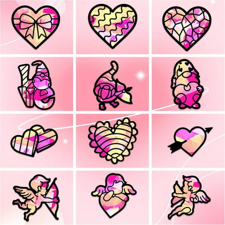 24Pcs Valentine's Day Stained Glass Effect Paper Suncatchers Window Clings with Colored Papers Cupid Love Heart DIY Window Decals Window Paint Art Stickers for DIY Crafts and Window Decor