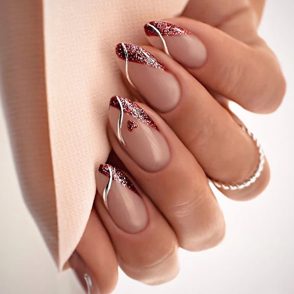 24Pcs Valentines Day Press on Nails Medium Fake Nails Wine Red Glitter Glue on Nails Heart Full Cover False Nails with Charms Design Valentines Nails Square Holiday Artificial Nails