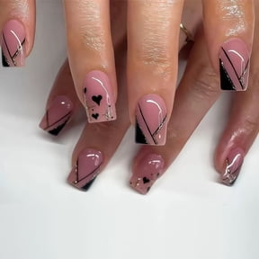 24Pcs Valentines Day Press on Nails Medium Fake Nails Wine Red Glitter Glue on Nails Heart Full Cover False Nails with Charms Design Valentines Nails Square Holiday Artificial Nails