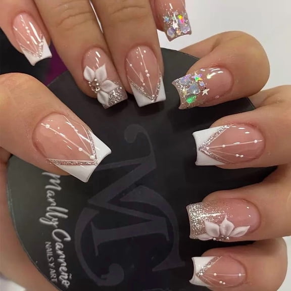 24Pcs Valentines Day Press on Nails Medium Fake Nails Wine Red Glitter Glue on Nails Heart Full Cover False Nails with Charms Design Valentines Nails Square Holiday Artificial Nails