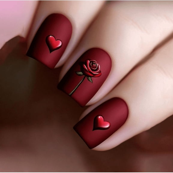 24Pcs Valentines Day Press on Nails Medium  Fake Nails Wine Red Glitter Glue on Nails Heart Full Cover False Nails with Charms Design Valentines Nails Square Holiday Artificial Nails