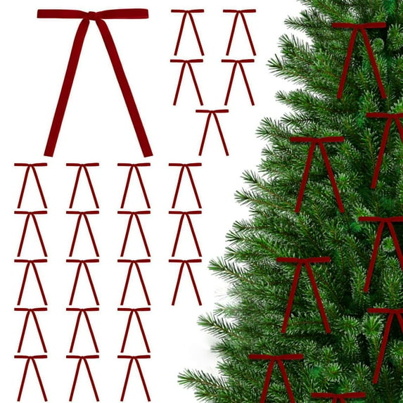 24Pcs Velvet Christmas Bows 5 x 7 Inch Decorative Skinny Ribbon Bows for Xmas Tree, Wreath, Gift Wrapping, Wedding & Home Decor